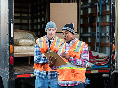 Two white glove movers reviewing their shipment